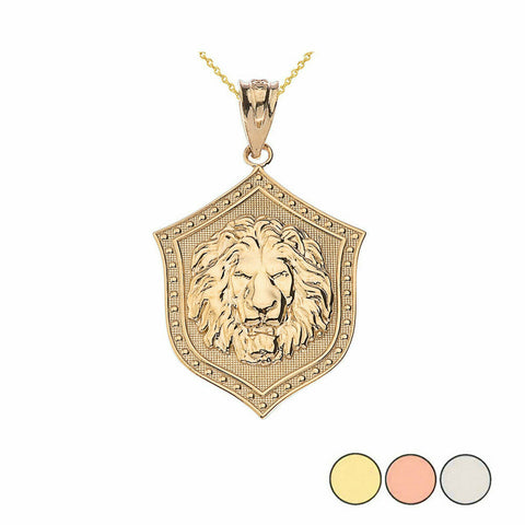 10K Solid Yellow Gold Lion Head Shield Protection Pendant Necklace