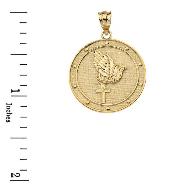 10k Solid Gold Father Prayer Hands Holding Rosary Medallion Pendant Necklace