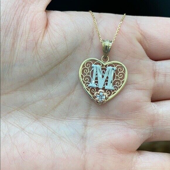 10k Solid Gold Initial Letter P Heart Filigree CZ Pendant Necklace Two Tone