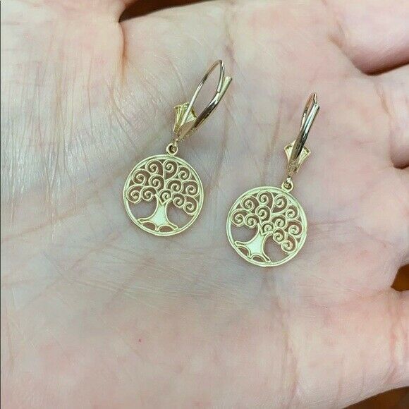 10K Solid Yellow Gold Tree of Life Openwork Drop / Dangle Leverback Earrings