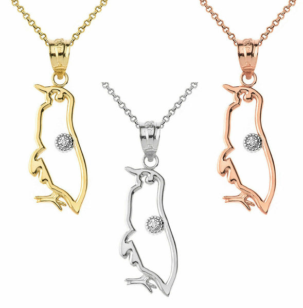 10k 14k Solid Gold Diamond Penguin Seabird Outline Openwork Pendant Necklace