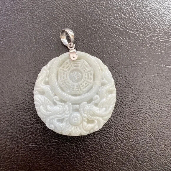 925 Sterling Silver Carving Jade Dragon Phoenix Yin Yang Pendant Necklace