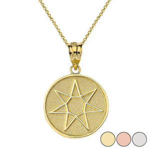 14K Solid Gold Wiccan Heptagram Faery Star Circle Pendant Necklace