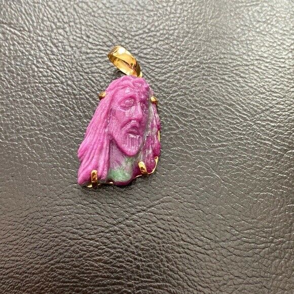 14K Real Solid Gold Natural Ruby Carved Jesus Christ Head Pendant Charm