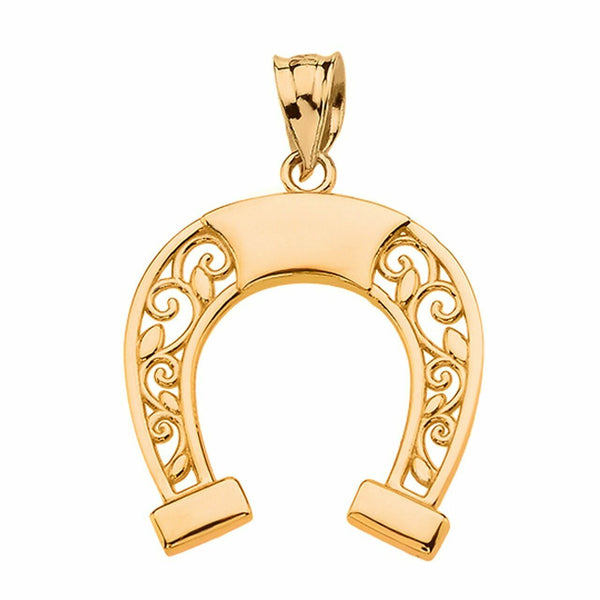 14k Solid Yellow Gold Open Filigree Arc Horseshoe Luck Pendant Necklace