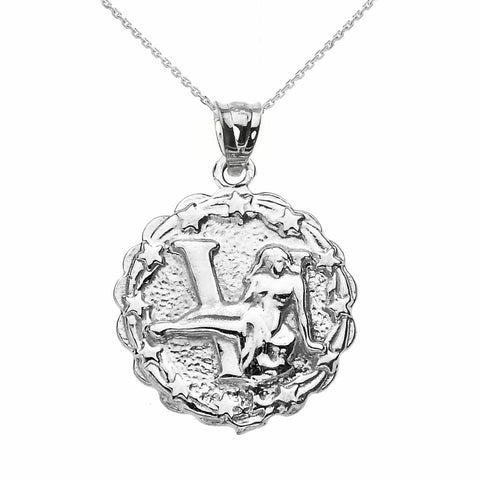 925 Sterling Silver Virgo September Zodiac Sign Round Pendant Necklace