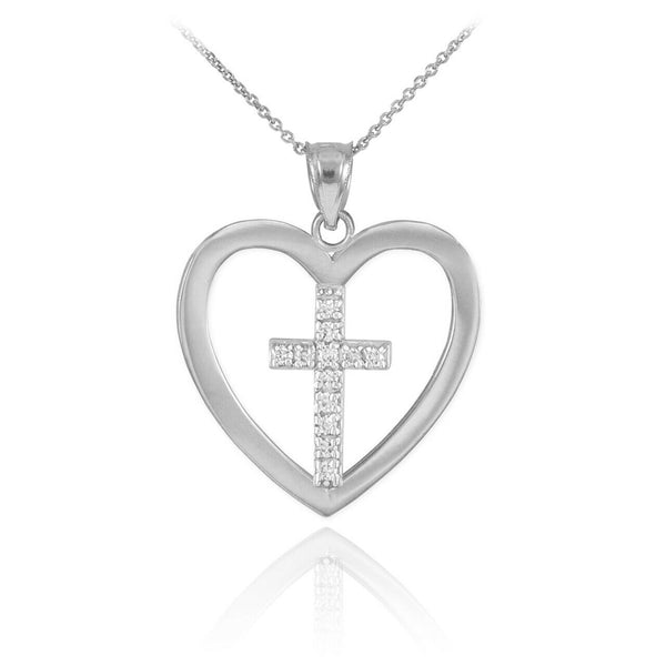 14k Solid White Gold Open Heart 12 Diamonds Cross Enclosure Pendant Necklace