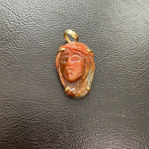 14K Real Solid Gold Natural Jade Carved Jesus Christ Head Pendant Charm