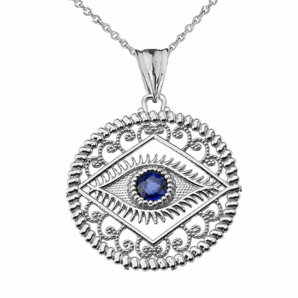 14k Solid White Gold Round Filigree Evil Eye Pendant Necklace