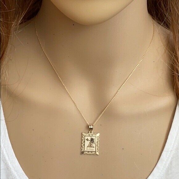 10k Solid Gold Virgo Zodiac Sign Filigree Rectangular Pendant Necklace