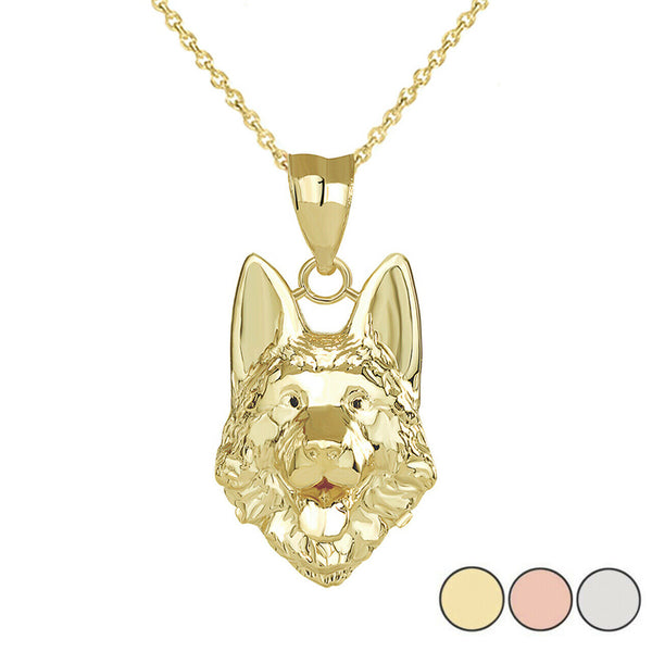 Solid Gold Dog German Shepherd Head Detailed Face Pendant Necklace