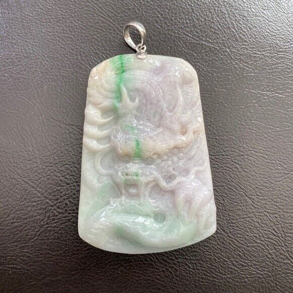 925 Sterling Silver Carving Jade Dragon Large Pendant Necklace Heavy