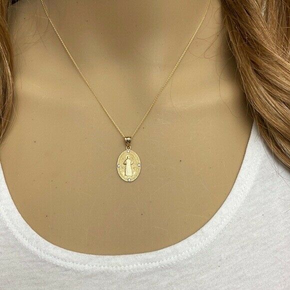 10K Solid Gold Saint Francis of Assisi Oval Medallion Diamond Pendant Necklace