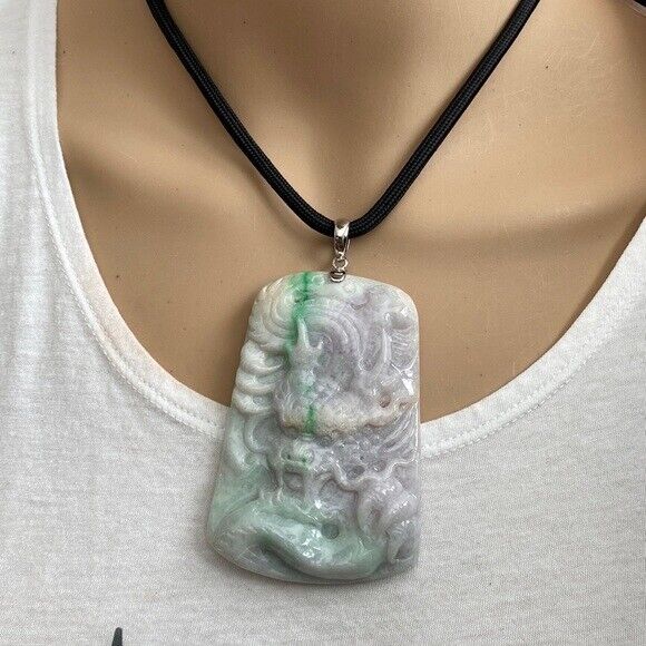 925 Sterling Silver Carving Jade Dragon Large Pendant Necklace Heavy