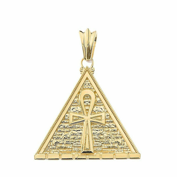 14k Solid Yellow Gold Ankh Cross Egyptian Pyramid Pendant Necklace