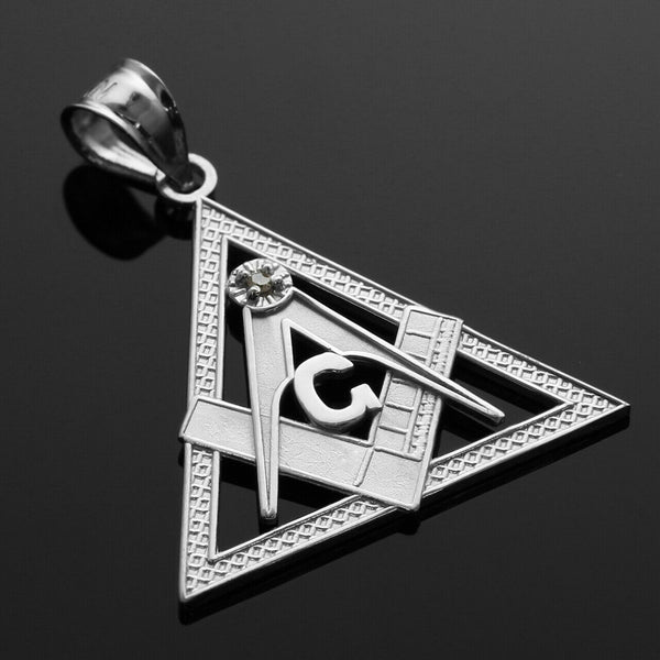 925 Sterling Silver Freemason Triangle Masonic CZ Pendant Necklace Made in USA
