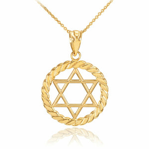 10k Solid Yellow Gold Jewish Star of David in Circle Rope Pendant Necklace