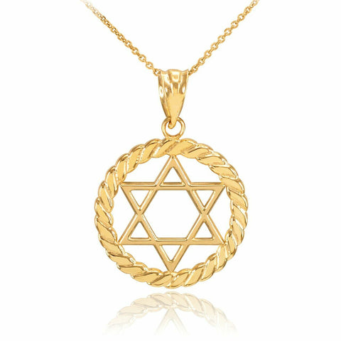 10k Solid Yellow Gold Jewish Star of David in Circle Rope Pendant Necklace