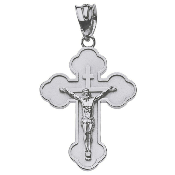 Sterling Silver Double Side Eastern Orthodox Russian L Crucifix Pendant Necklace