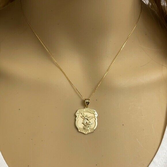 10k Solid Yellow Gold Saint Michael Protect Us Shield Pendant Necklace