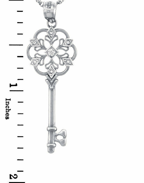 10k White Gold Valentines Heart Round Diamond Accent Charm Key Pendant Necklace