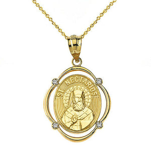 14k Solid Gold Saint Nectarios Diamond Frame Oval Pendant Necklace