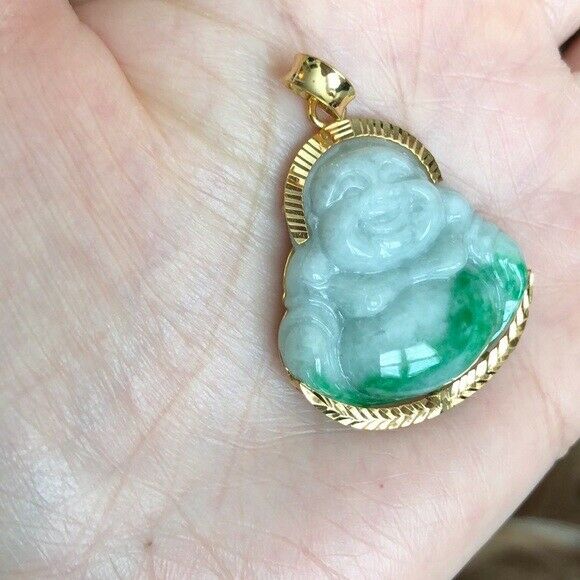 14K Solid Gold Happy Laughing Buddha Natural Green Jade Religious Pendant - P475