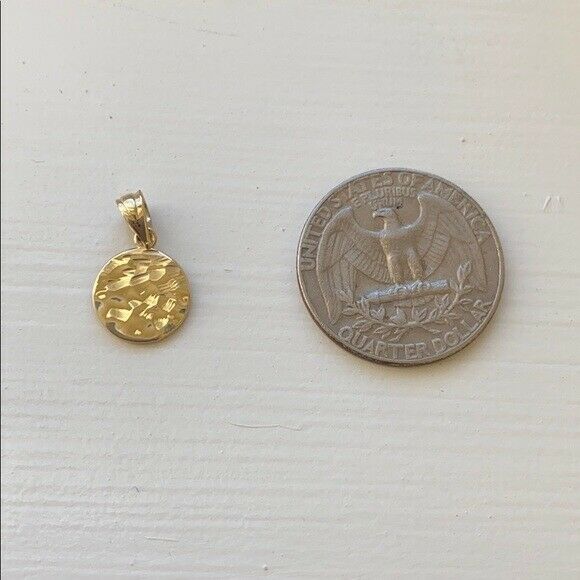 Solid 10k Yellow Gold Mini Hammered Round Small Disk Disc Pendant Necklace