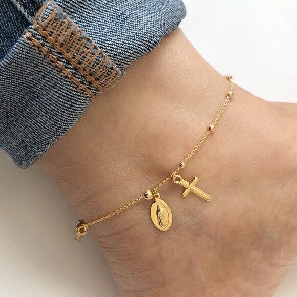 14K Solid Gold Virgin Mary Cross Bead Anklet -Yellow 9"-10" Cable Adjustable