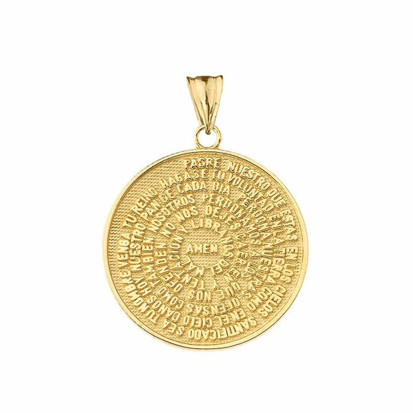 10k Solid Gold Padre Nuestro The Lord's Prayer Medallion Pendant Necklace