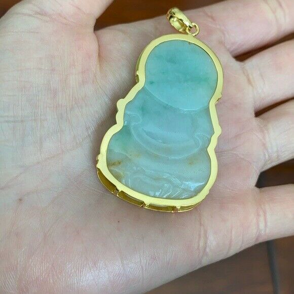 14K Solid Real Gold Natural Jadeite Jade A Kwan Yin Lady Buddha Pendant