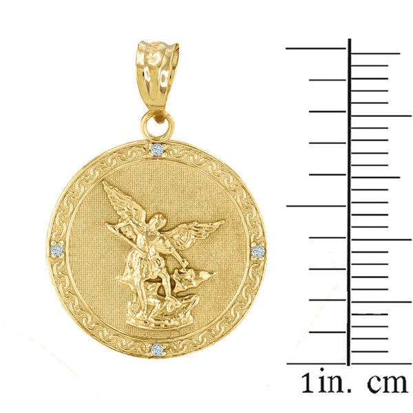 14k Gold St. Saint Michael Double Side Archangel Prayer Diamond Pendant Necklace