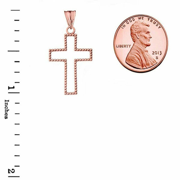 10k or 14k Solid Gold Two Sided Beaded Open Cross 1.2" Pendant Necklace
