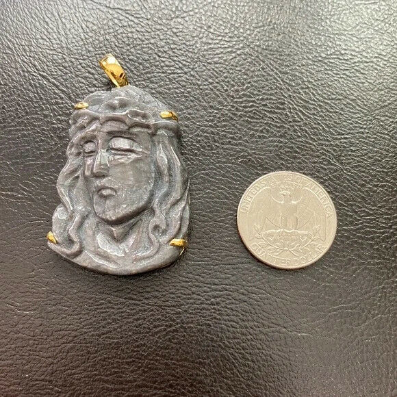 14K Real Solid Gold Natural Sapphire Carved Jesus Christ Head Face Pendant Large