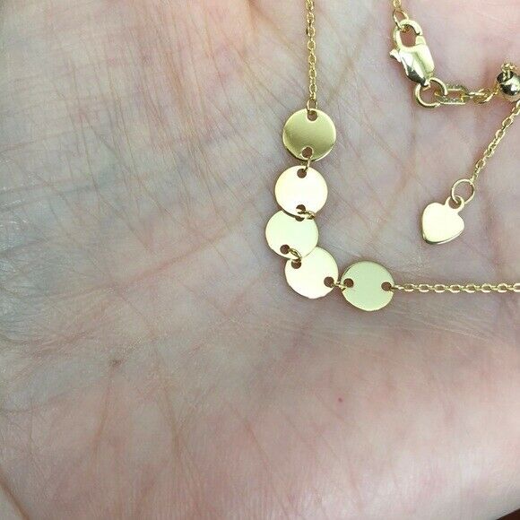 14K Solid Rose Gold 5 Dangle Mini Disc Disk Choker Necklace Adjustable 16"