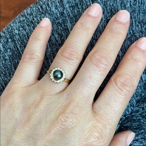 14K Solid Yellow Gold Mini Black Pearl CZ Women Girl Ring Size 5.25