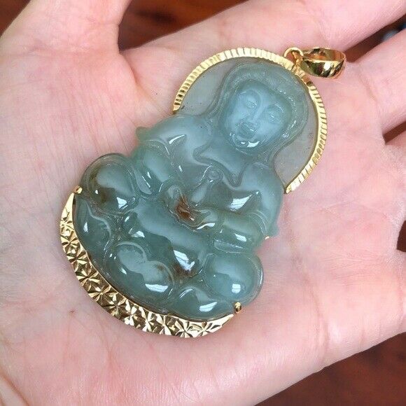 Certified 14K Solid Gold Large Kwan Yin Buddha Natural Jade Pendant - P119