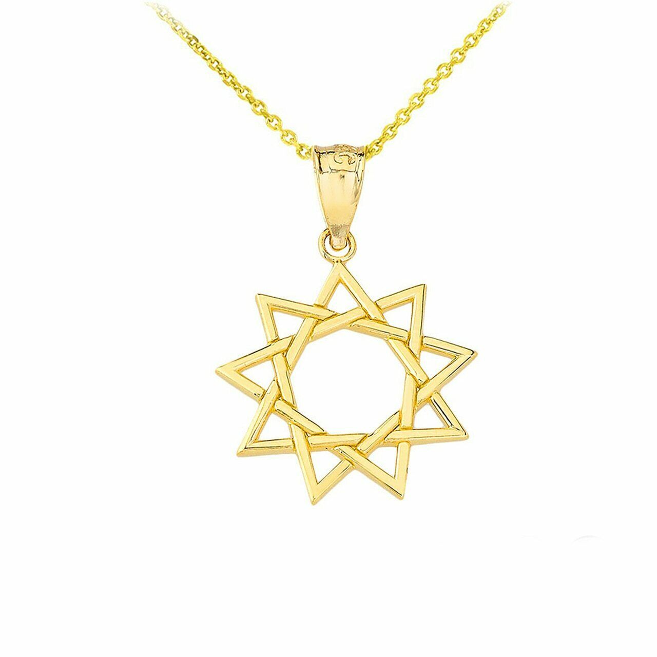 Solid 14k Yellow Gold 9 Star Baha'i Sun Openwork Pendant Necklace