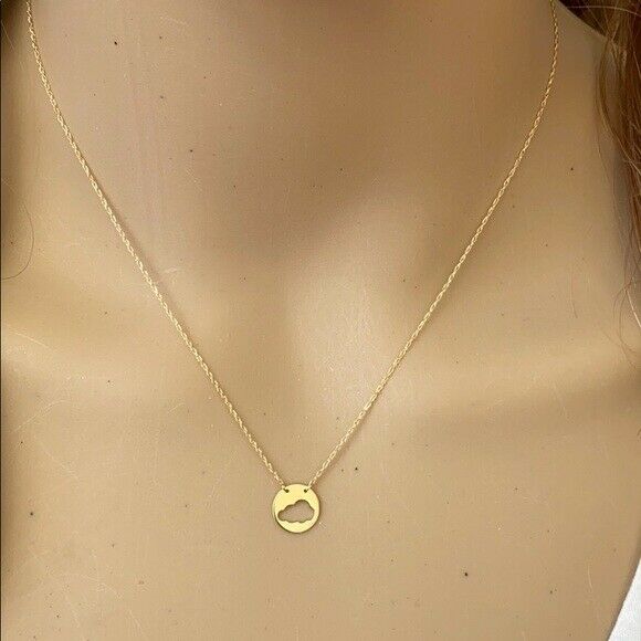 14K Solid Yellow Gold Mini Disk Disc Cut Out Cloud Dainty Necklace - 16"-18"