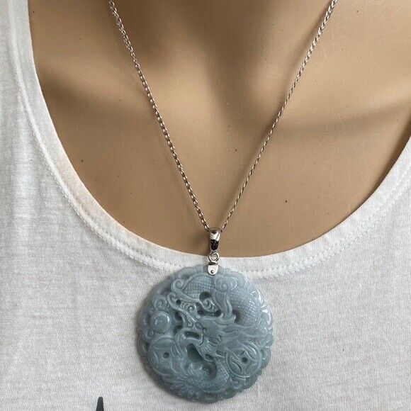 925 Sterling Silver Carving Jade Dragon Large Pendant Necklace