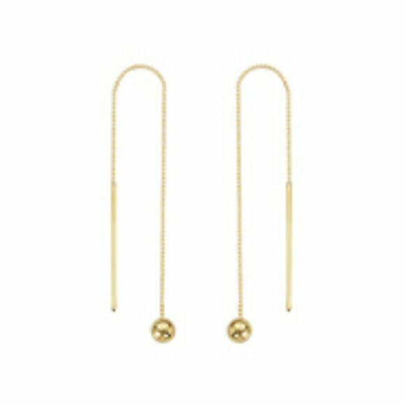 14K Solid Yellow Gold 4MM Ball Bar Box Chain Dangle Drop Threader Earrings