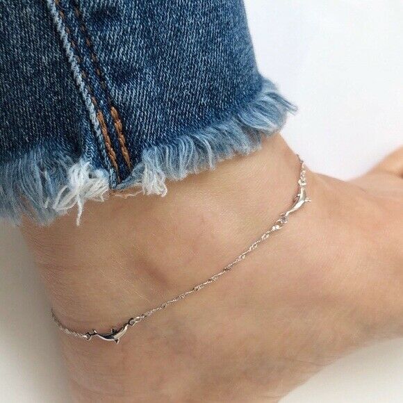 14K Solid Gold Dolphin Ankle Bracelet Anklet - White 9"-10" Adjustable