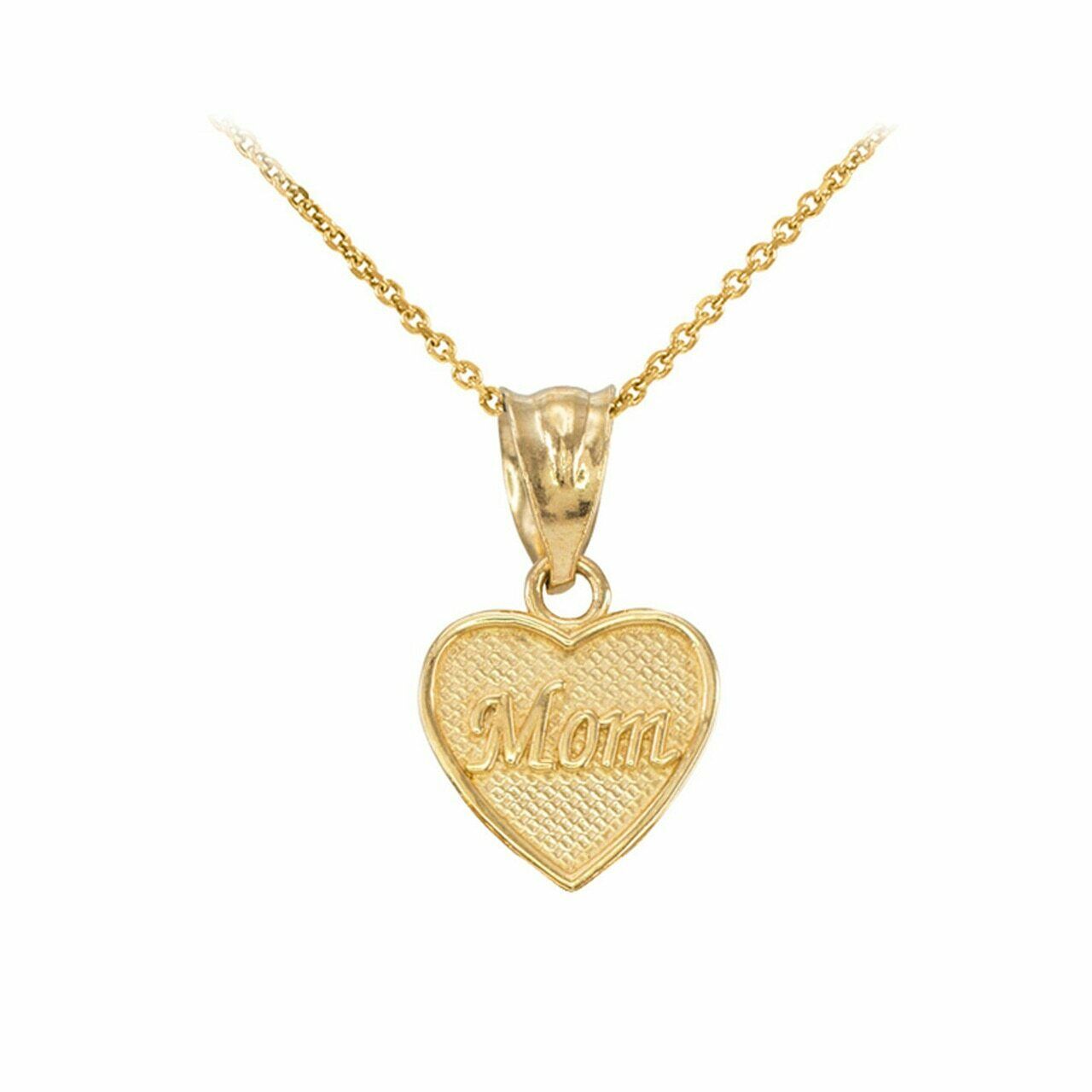10k Solid Yellow Gold Mini Small Engraved "Mom" Heart Pendant Charm Necklace
