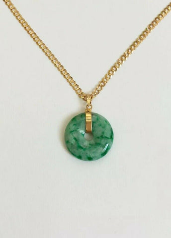 18K Solid Yellow Gold Green Donut Round Natural Jade Pendant - ES5