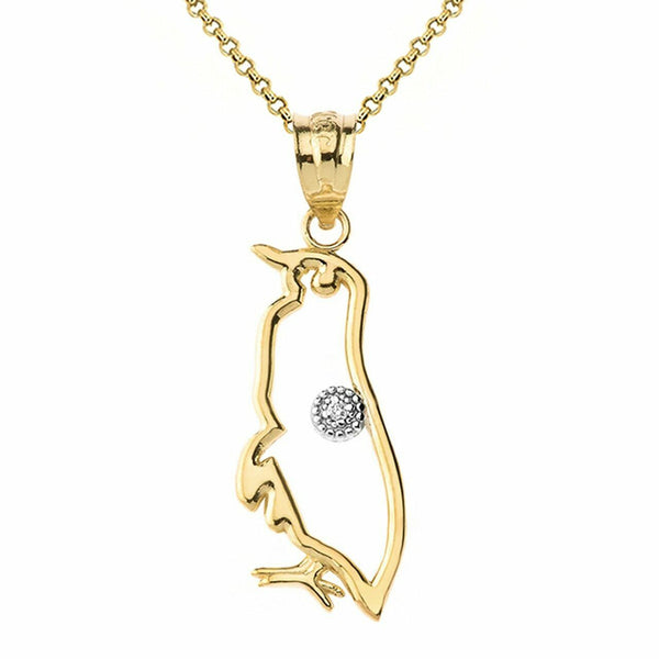 10k 14k Solid Gold Diamond Penguin Seabird Outline Openwork Pendant Necklace