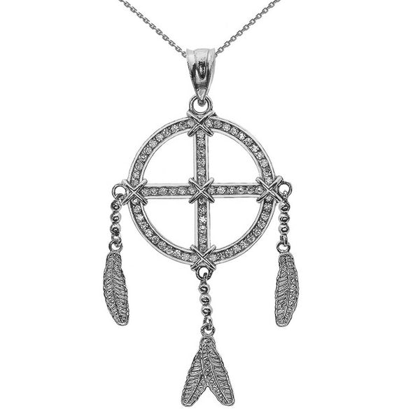 14k Solid Yellow White Rose Gold CZ Dream Catcher Pendant Necklace