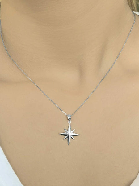 14K Solid White Gold North Star Pendant Charm Necklace 16" 18" 20" 22"