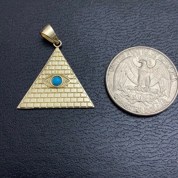 14k Yellow Gold Egyptian Pyramid with Turquoise Evil Eye Pendant Necklace