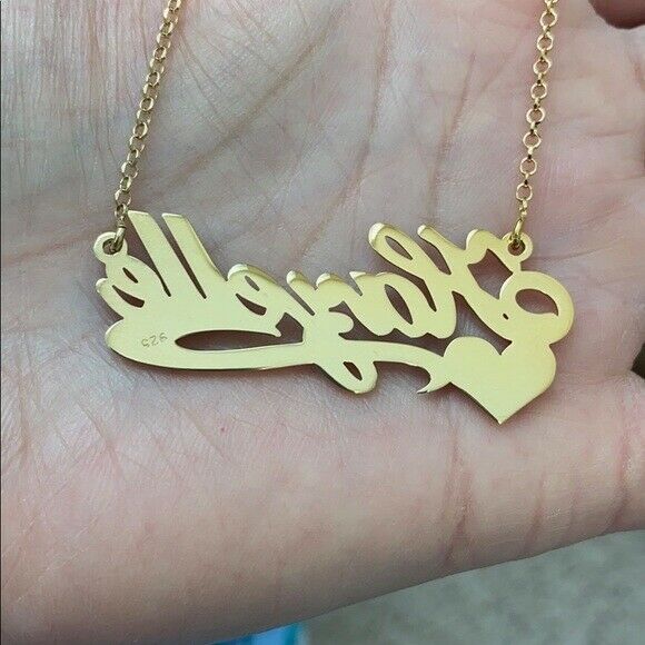 Personalized Yellow Gold Sterling Silver Name Plate Heart Necklace - Hazelle 18"