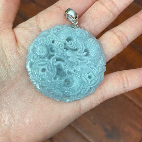 925 Sterling Silver Carving Jade Dragon Large Pendant Necklace